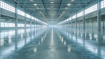 An empty warehouse with pristine, shiny floors and clear, bright light streaming in. The clean and spacious area is designed for smart operations.