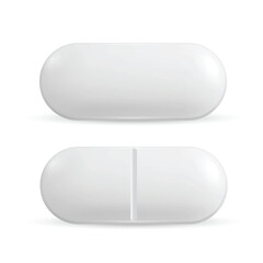 Two white pills, one solid and one scored, isolated view. Vector illustration