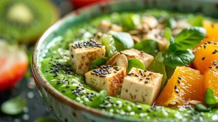 closeup of tofu cubes in a vibrant green smoothie