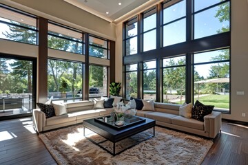 Fototapeta premium Living room with a sofa, coffee table, and large window