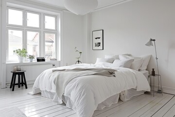 Fototapeta premium Modern white bedroom with minimal decor, cozy elements, and bright ambiance