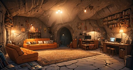 underground living room interior inside natural cave cavern tunnel. fallout shelter stone house with cozy homely furniture, couches, table, chairs, lamps, and rug. hidden home.