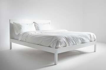 Obraz premium Modern minimal white bedroom with a sleek white bed frame and crisp white bedding.