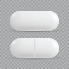 Two white pills, one solid and one scored, transparent background. Vector illustration