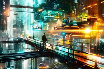 Futuristic City Night Scene with Glowing Neon Lights and High-Tech Architecture