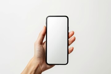 Smartphone mockup on hand with white blank screen created with Generative AI