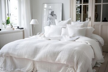 Minimal white bedroom with cozy bedding and elegant touches