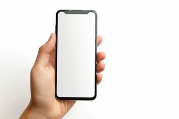 Smartphone mockup on hand with white blank screen created with Generative AI