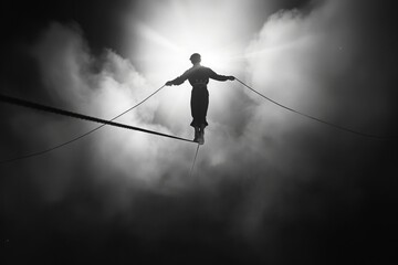 A Tightrope Walker Navigates a Foggy Sky During a Performance