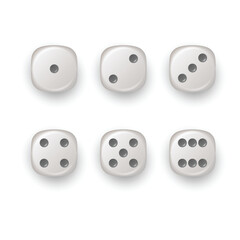 Six white dice showing different numbers, arranged in two rows. Vector