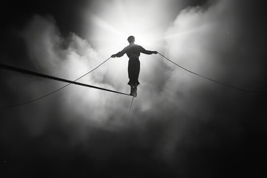A Tightrope Walker Navigates a Foggy Sky During a Performance - Powered by Adobe