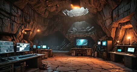 underground house interior. secret base lair in cave interior. high tech with monitors, tv, televisions and homely furnishing. rock and smooth stone.