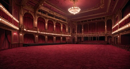 Obraz premium interior of auditorium ballroom in mansion palace hotel castle building. red and gold gothic decor and embellishments lavish decor. chandelier and candle lighting.
