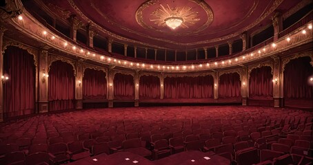 Obraz premium interior of auditorium ballroom in mansion palace hotel castle building. red and gold gothic decor and embellishments lavish decor. chandelier and candle lighting.