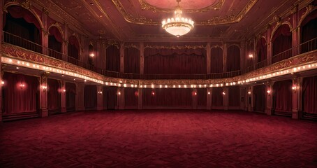 Obraz premium interior of auditorium ballroom in mansion palace hotel castle building. red and gold gothic decor and embellishments lavish decor. chandelier and candle lighting.