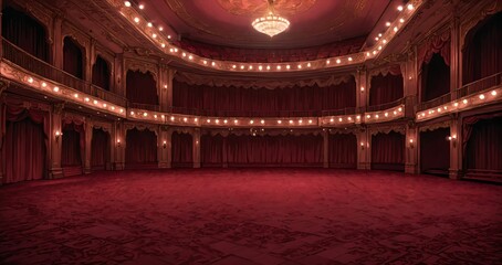 Obraz premium interior of auditorium ballroom in mansion palace hotel castle building. red and gold gothic decor and embellishments lavish decor. chandelier and candle lighting.