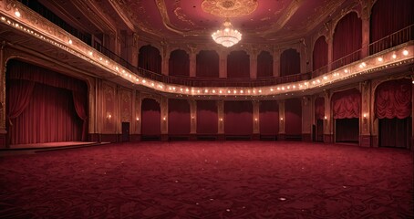 interior of auditorium ballroom in mansion palace hotel castle building. red and gold gothic decor and embellishments lavish decor. chandelier and candle lighting.