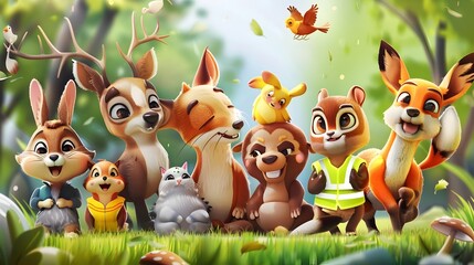 Reflective Vest-Wearing Animal Friends Exploring the Forest Together