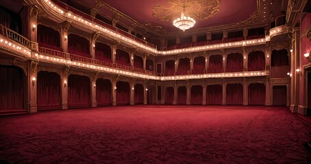 Obraz premium interior of auditorium ballroom in mansion palace hotel castle building. red and gold gothic decor and embellishments lavish decor. chandelier and candle lighting.