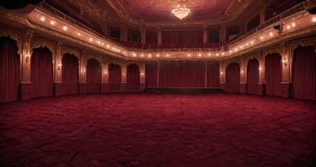 Obraz premium interior of auditorium ballroom in mansion palace hotel castle building. red and gold gothic decor and embellishments lavish decor. chandelier and candle lighting.