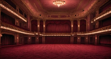 interior of auditorium ballroom in mansion palace hotel castle building. red and gold gothic decor and embellishments lavish decor. chandelier and candle lighting.