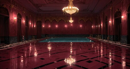 Obraz premium interior of bathhouse indoor pool spa in mansion palace castle building. red wet tile in luxury hot tub room with art deco gothic design.