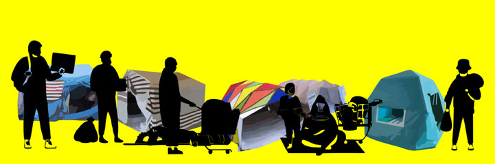 Vector illustration of homeless people and tents with disorderly environment