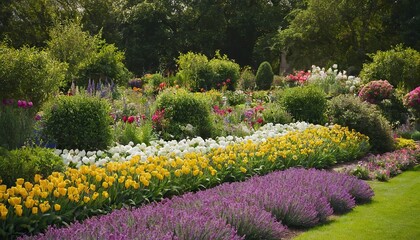 Obraz premium Beautiful flower garden in French style, rose garden, colorful flowers on the flowerbed
