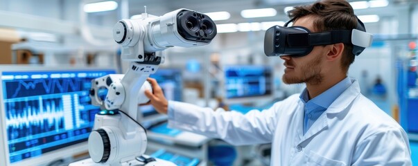 Engineer with VR headset controls an orange robotic arm in a high-tech industrial environment.