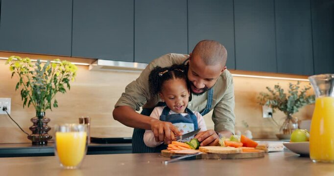 Kitchen counter, father and child with vegetables for cutting, chop and preparation for breakfast. Home, dad and girl with skills development, learning and helping parent with healthy food in house
