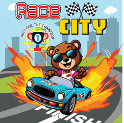 bear racing car with flag cartoon vector illustration