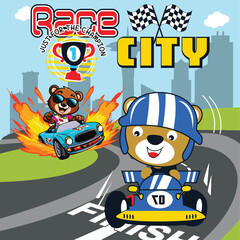 racing car with flag bear cartoon vector 