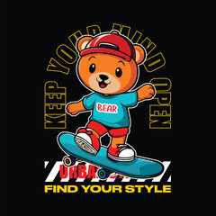 illustration of a bear cartoon with a skateboard for t shirt printing