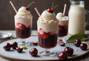 cherry cola float, hot summer day, fresh cherries and a scoop of vanilla ice cream garnish, soft lighting, high quality