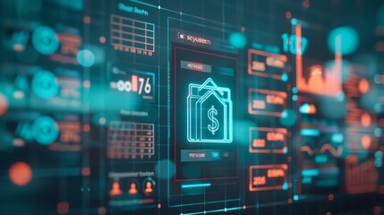 A futuristic digital interface with a glowing icon depicting a house with a dollar sign, representing financial security and investment in real estate.