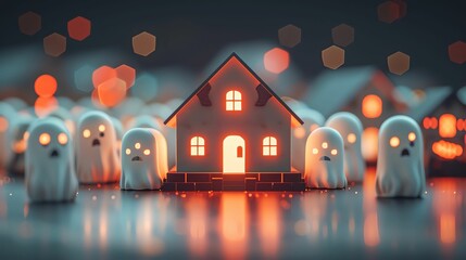A haunted house with glowing windows surrounded by friendly ghosts against a dark backdrop.