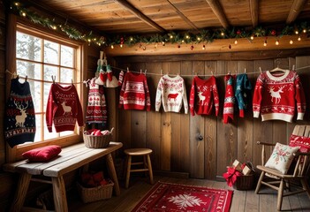 a rustic wooden cabin interior decorated for the holidays, with handmade Christmas sweaters featuring traditional patterns like reindeer and snowflakes hanging on a clothesline