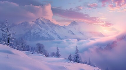 Majestic Snowy Mountains at Enchanting Sunrise in Winter Wonderland Landscape