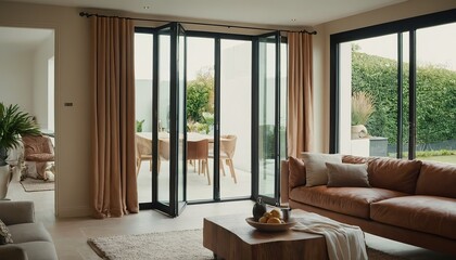 Interior atmosphere minimal style design of empty room show white wall with sliding door and glass windows looking through the outdoor garden.