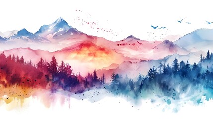 Obraz premium Majestic Watercolor Landscape with Colorful Mountains and Forests