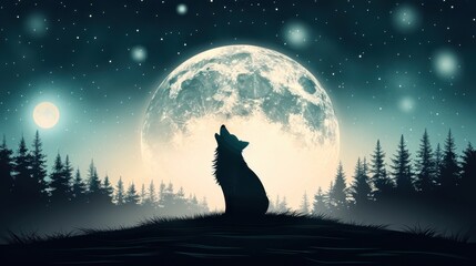 A silhouette of a wolf howling at the bright full moon in a starry night sky, surrounded by a pine forest and serene atmosphere.
