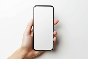 Smartphone mockup on hand with white blank screen created with Generative AI