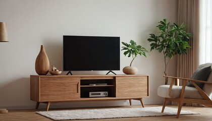 Living room interior with tv on cabinet and decorative lath on empty white wall background
