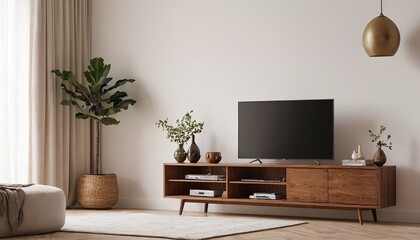 Mockup of a TV wall mounted with an armchair in the living room with a white wall design.185