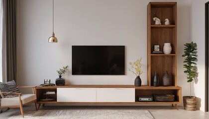 Mockup of a TV wall mounted with an armchair in the living room with a white wall design.185