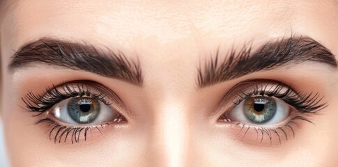 Obraz premium Beautiful female Eye with extremely long Eyelashes. Eyelash Extensions. Makeup, Cosmetics, Beauty. Close-up view, Macro
