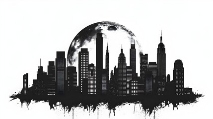 Fototapeta premium Monochrome Urban Cityscape Silhouette with Moonlit Sky on White Background