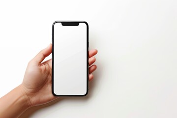 Smartphone mockup on hand with white blank screen created with Generative AI