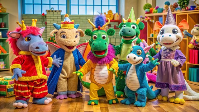 Vibrant fantasy animal puppets, including dragons and unicorns, don colorful outfits, posing on a kindergarten backdrop with blocks, toys, and educational materials surrounding them.