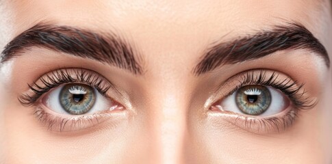 Obraz premium Beautiful female Eye with extremely long Eyelashes. Eyelash Extensions. Makeup, Cosmetics, Beauty. Close-up view, Macro